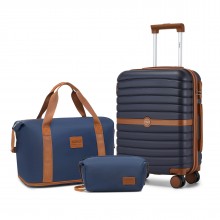 KSK2592+EA2212 - Kono 20 Zoll ABS+PC Hartschalen‑Kabinenkoffer‑Set mit Reisetasche & Kulturbeutel ‑ Marineblau und Braun