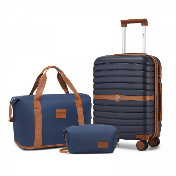 KSK2592+EA2212 - Kono 20 Inch ABS+PC Hard Shell Cabin Suitcase Set with Travel Bag & Toiletry Pouch - Navy and Brown