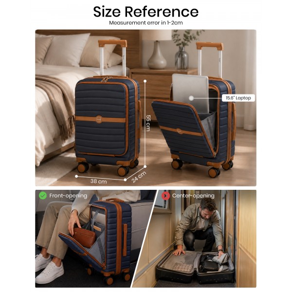 KSK2592 - Kono 21-Inch Front-Opening Cabin Suitcase with 15.6-Inch Laptop Compartment - Navy and Brown