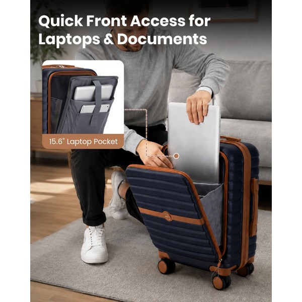 KSK2592 - Kono 21-Inch Front-Opening Cabin Suitcase with 15.6-Inch Laptop Compartment - Navy and Brown