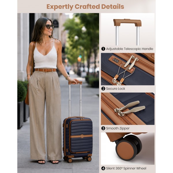KSK2592 - Kono 21-Inch Front-Opening Cabin Suitcase with 15.6-Inch Laptop Compartment - Navy and Brown