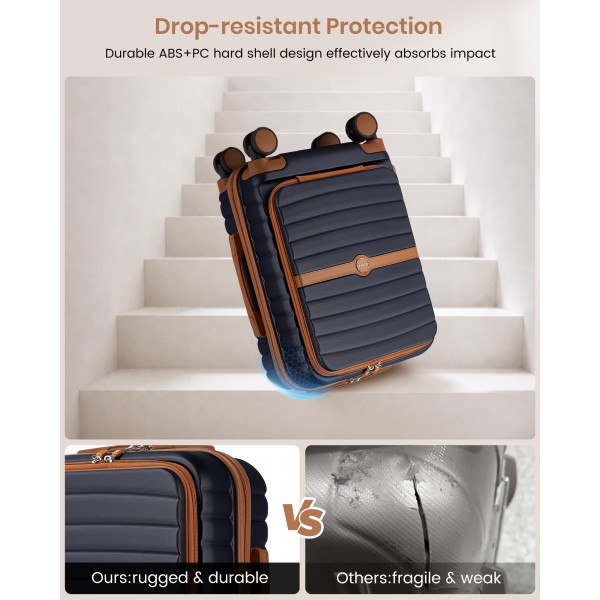 KSK2592 - Kono 21-Inch Front-Opening Cabin Suitcase with 15.6-Inch Laptop Compartment - Navy and Brown