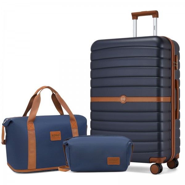 KSK2592+EA2212 - Kono 28 Zoll großes ABS+PC Hartschalen‑Koffer‑Set mit Reisetasche & Kulturbeutel‑ Marineblau und Braun