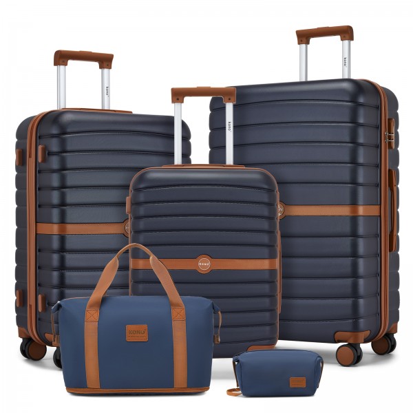 KSK2592+EA2212 - Kono 3‑teiliges ABS+PC‑Koffers‑Set mit Reisetasche & Kulturbeutel ‑ Marine und braun