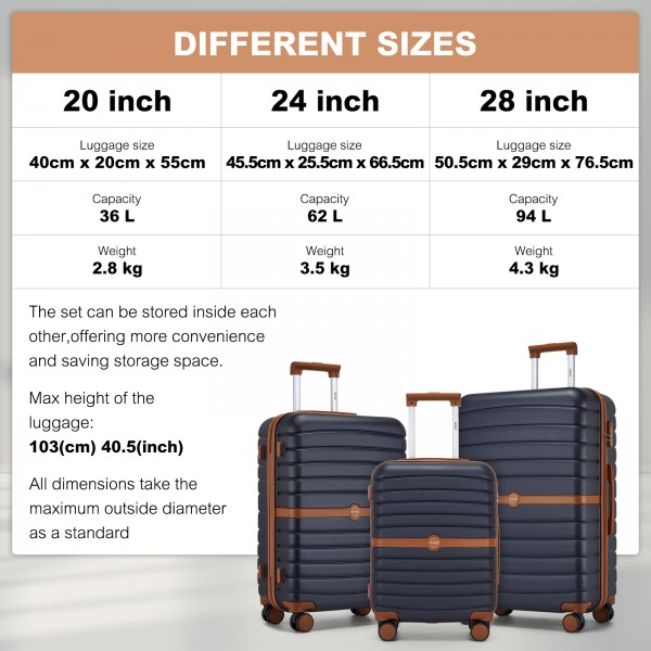 KSK2592+EA2212 - Kono 3‑teiliges ABS+PC‑Koffers‑Set mit Reisetasche & Kulturbeutel ‑ Marine und braun