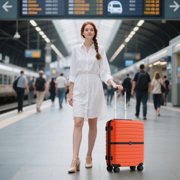KSK2592 - Kono ABS+PC 20-Inch Striped Design with Colour-Block Details Carry-On Cabin Suitcase with Silent Spinner Wheels - Orange And Black