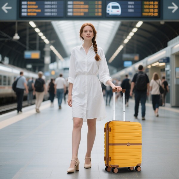 KSK2592 - Kono ABS+PC 20-Inch Striped Design with Colour-Block Details Carry-On Cabin Suitcase with Silent Spinner Wheels - Yellow and Brown