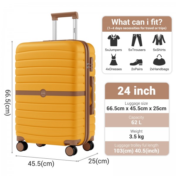 KSK2592 - Kono ABS+PC 24-Inch Striped Design with Colour-Block Details Medium Suitcase with Spinner Silent Wheels - Yellow and Brown