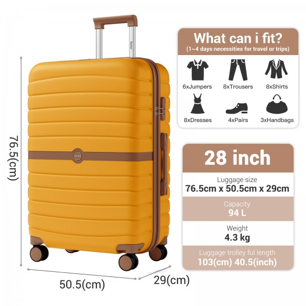 KSK2592 - Kono ABS+PC 28-Inch Striped Design with Colour-Block Details Large Checked Luggage for Longer Travels - Yellow and Brown