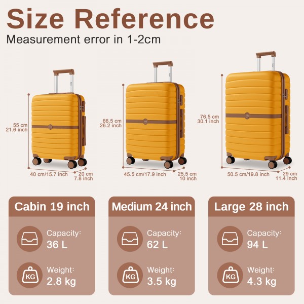 KSK2592 - Kono 3-teiliges Hartschalengepäckset aus ABS+PC mit Streifendesign und Farbblockdetails, mit Spinnerrädern - Gelb und braun