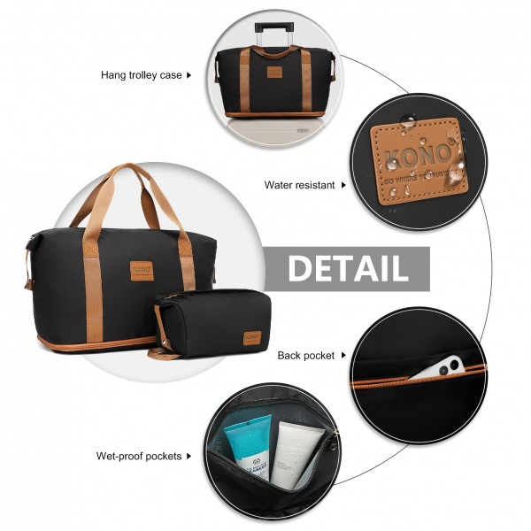 KSK2592+EA2212 - Kono 3‑teiliges ABS+PC‑Koffers‑Set mit Reisetasche & Kulturbeutel ‑ Schwarz und Braun