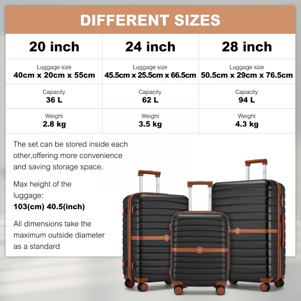KSK2592+EA2212 - Kono 3‑teiliges ABS+PC‑Koffers‑Set mit Reisetasche & Kulturbeutel ‑ Schwarz und Braun