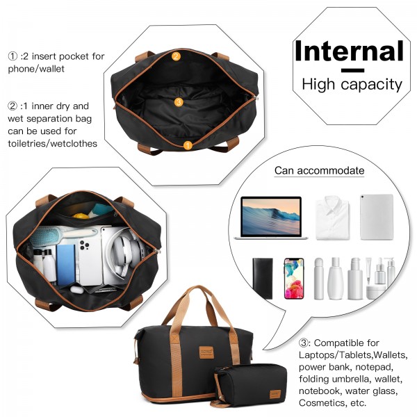 KSK2592+EA2212 - Kono 3‑teiliges ABS+PC‑Koffers‑Set mit Reisetasche & Kulturbeutel ‑ Schwarz und Braun