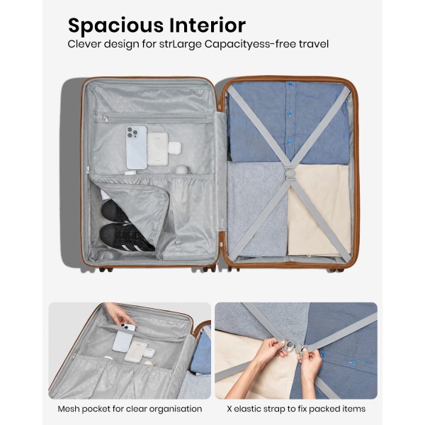 KSK2595 - Kono 20-Zoll-Hartschale-Kratzfestes PP-Gepäck mit Becherhalter, TSA-Schloss & ausziehbarem Design - Kabinentrolley für Reisen - Beige und Braun