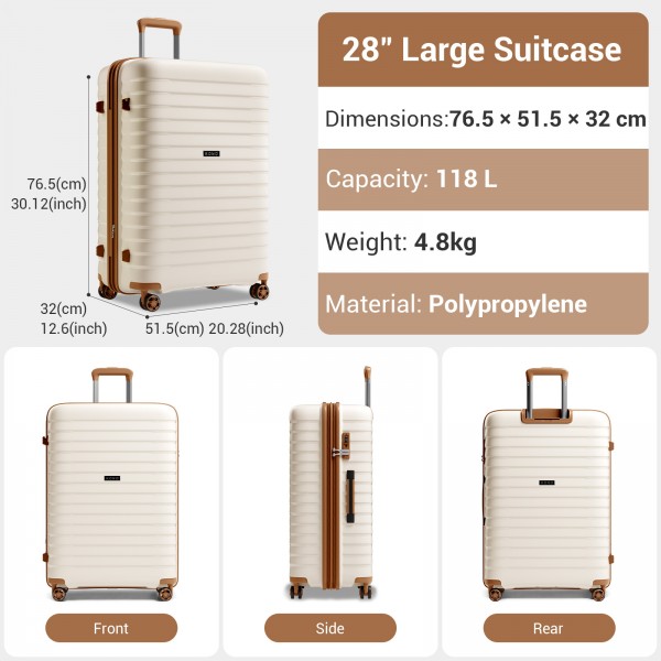 KSK2595 - Kono 28-Inch Hard Shell Scratch-Resistant PP Luggage with Cup Holder, TSA Lock & Expandable Design-Check-in Luggage For Travel - Beige and Brown