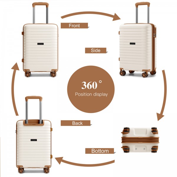 KSK2595 - Kono 20-Inch Hard Shell Scratch-Resistant PP Luggage with Cup Holder, TSA Lock & Expandable Design-Cabin Trolley For Travel - Beige and Brown