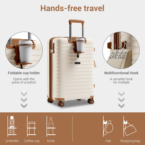 KSK2595 - Kono 20-Inch Hard Shell Scratch-Resistant PP Luggage with Cup Holder, TSA Lock & Expandable Design-Cabin Trolley For Travel - Beige and Brown