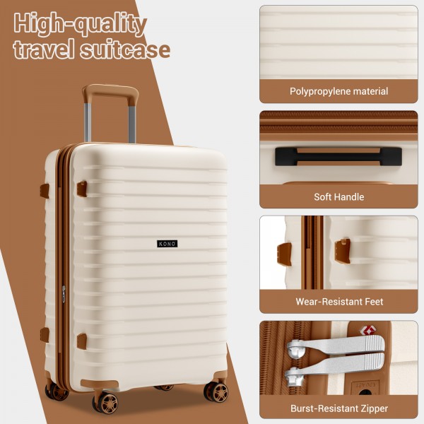 KSK2595 - Kono 28-Inch Hard Shell Scratch-Resistant PP Luggage with Cup Holder, TSA Lock & Expandable Design-Check-in Luggage For Travel - Beige and Brown