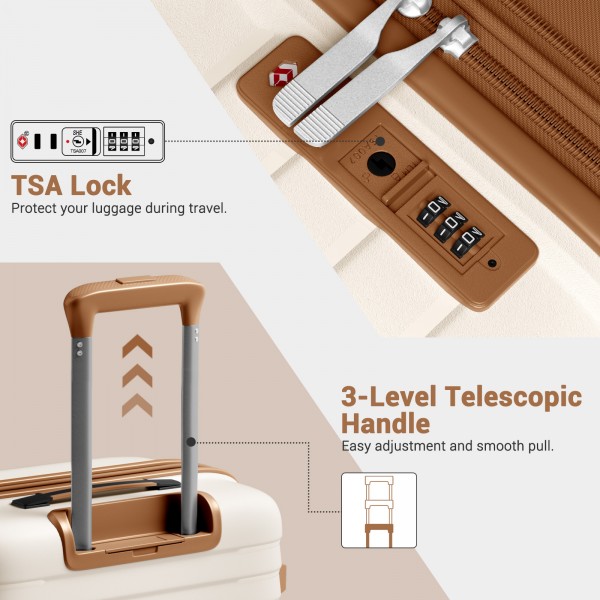 KSK2595 - Kono 28-Inch Hard Shell Scratch-Resistant PP Luggage with Cup Holder, TSA Lock & Expandable Design-Check-in Luggage For Travel - Beige and Brown