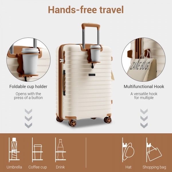 KSK2595 - Kono 28-Inch Hard Shell Scratch-Resistant PP Luggage with Cup Holder, TSA Lock & Expandable Design-Check-in Luggage For Travel - Beige and Brown