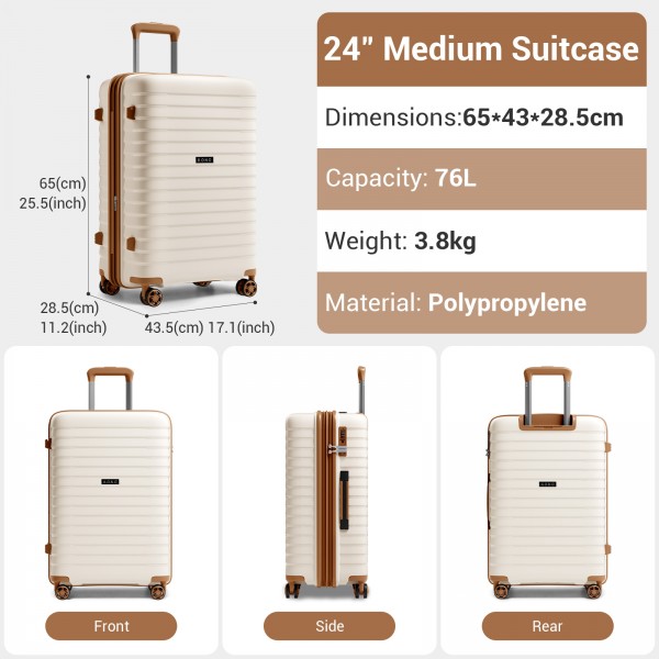 KSK2595 - Kono 24-Inch Hard Shell Scratch-Resistant PP Luggage with Cup Holder, TSA Lock & Expandable Design-Check-in Luggage For Travel - Beige and Brown