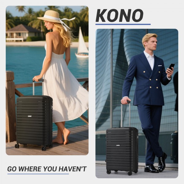 KSK2595 - Kono 20-Inch Hard Shell Scratch-Resistant PP Luggage with Cup Holder, TSA Lock & Expandable Design-Cabin Trolley For Travel - Black
