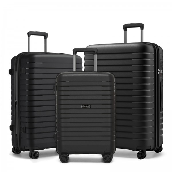 KSK2595 - Kono 20/24/28inch Hard Shell Scratch-Resistant PP Luggage Set with Cup Holder, TSA Lock & Expandable Design-Check-in Luggage For Travel - Black