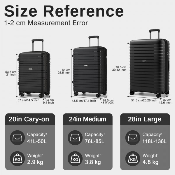 KSK2595 - Kono 20/24/28inch Hard Shell Scratch-Resistant PP Luggage Set with Cup Holder, TSA Lock & Expandable Design-Check-in Luggage For Travel - Black