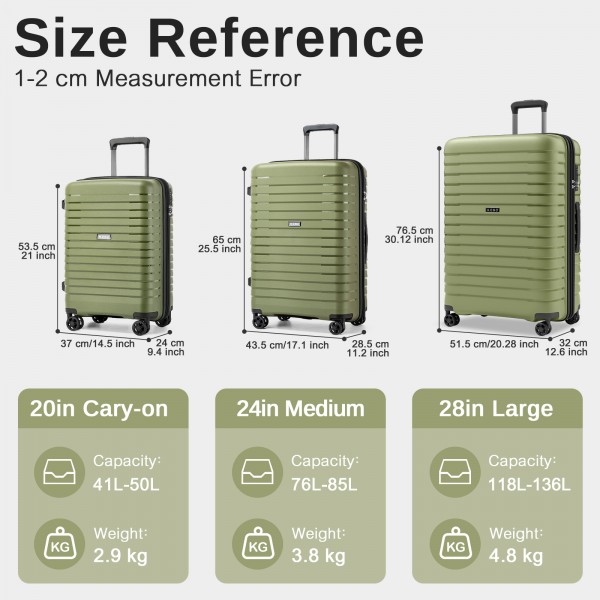 KSK2595 - Kono 20/24/28inch Hard Shell Scratch-Resistant PP Luggage Set with Cup Holder, TSA Lock & Expandable Design-Check-in Luggage For Travel - Green