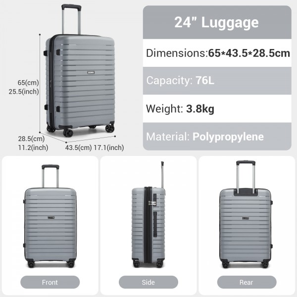 KSK2595 - Kono 24-Zoll-Hartschale-Kratzfestes PP-Gepäck mit Becherhalter, TSA-Schloss & ausziehbarem Design - Check-in-Gepäck für Reisen - Grau