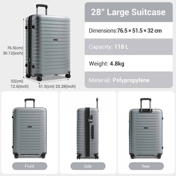 KSK2595 - Kono 28-Inch Hard Shell Scratch-Resistant PP Luggage with Cup Holder, TSA Lock & Expandable Design-Check-in Luggage For Travel - Grey