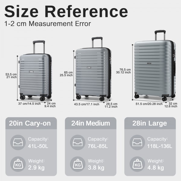 KSK2595 - Kono 20/24/28inch Hard Shell Scratch-Resistant PP Luggage Set with Cup Holder, TSA Lock & Expandable Design-Check-in Luggage For Travel - Grey