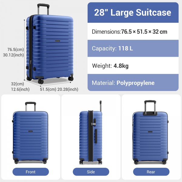 KSK2595 - Kono 28-Inch Hard Shell Scratch-Resistant PP Luggage with Cup Holder, TSA Lock & Expandable Design-Check-in Luggage For Travel - Navy