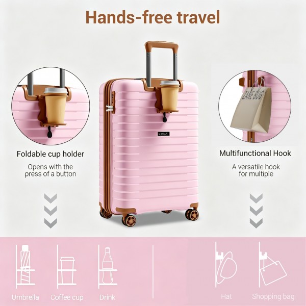 KSK2595 - Kono 20-Inch Hard Shell Scratch-Resistant PP Luggage with Cup Holder, TSA Lock & Expandable Design-Cabin Trolley For Travel - Pink and Brown