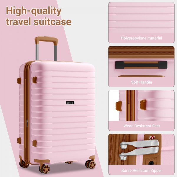 KSK2595 - Kono 20-Inch Hard Shell Scratch-Resistant PP Luggage with Cup Holder, TSA Lock & Expandable Design-Cabin Trolley For Travel - Pink and Brown