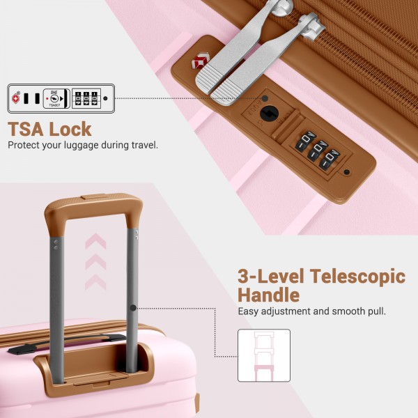 KSK2595 - Kono 28-Inch Hard Shell Scratch-Resistant PP Luggage with Cup Holder, TSA Lock & Expandable Design-Check-in Luggage For Travel - Pink and Brown