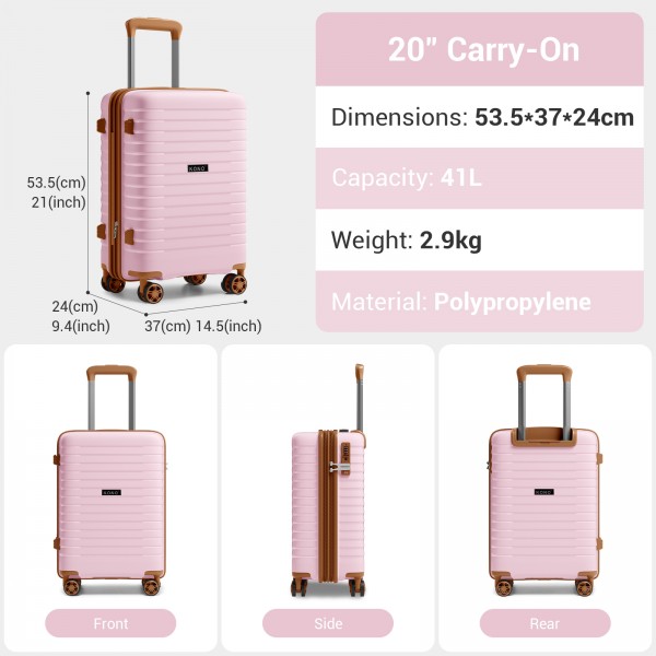 KSK2595 - Kono 20-Inch Hard Shell Scratch-Resistant PP Luggage with Cup Holder, TSA Lock & Expandable Design-Cabin Trolley For Travel - Pink and Brown