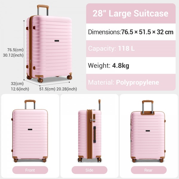 KSK2595 - Kono 28-Inch Hard Shell Scratch-Resistant PP Luggage with Cup Holder, TSA Lock & Expandable Design-Check-in Luggage For Travel - Pink and Brown