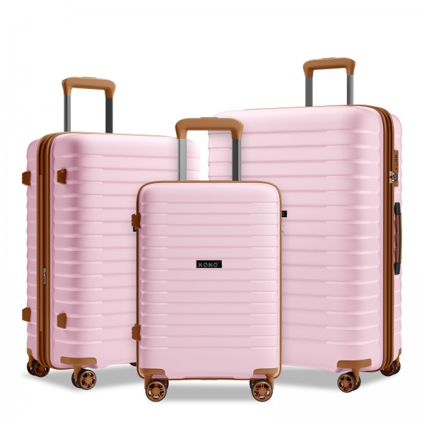 KSK2595 - Kono 20/24/28inch Hard Shell Scratch-Resistant PP Luggage Set with Cup Holder, TSA Lock & Expandable Design-Check-in Luggage For Travel - Pink and Brown