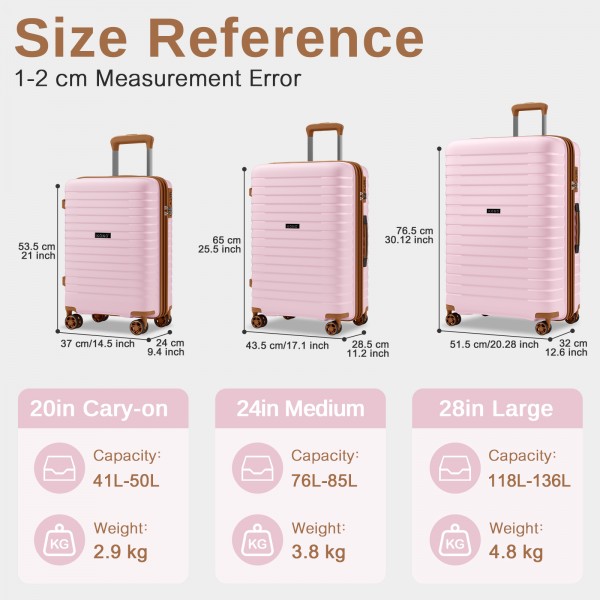 KSK2595 - Kono 20/24/28inch Hard Shell Scratch-Resistant PP Luggage Set with Cup Holder, TSA Lock & Expandable Design-Check-in Luggage For Travel - Pink and Brown