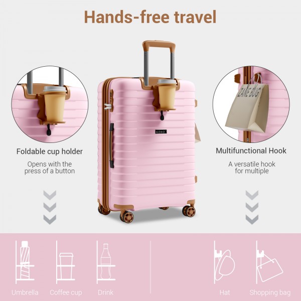 KSK2595 - Kono 24-Inch Hard Shell Scratch-Resistant PP Luggage with Cup Holder, TSA Lock & Expandable Design-Check-in Luggage For Travel - Pink and Brown