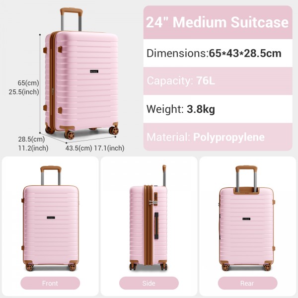KSK2595 - Kono 24-Inch Hard Shell Scratch-Resistant PP Luggage with Cup Holder, TSA Lock & Expandable Design-Check-in Luggage For Travel - Pink and Brown