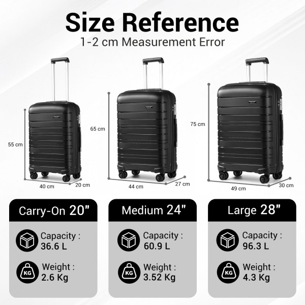 KSK2692 - Kono 24 Inch PP Hardshell Suitcase | YKK Zipper TSA Lock Medium Spinner Luggage - Black