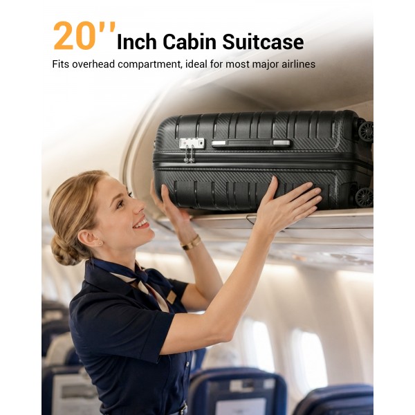 KSK2692 - Kono 20 Inch PP Hardshell Cabin Suitcase | YKK Zipper TSA Lock Carry On Luggage - Black