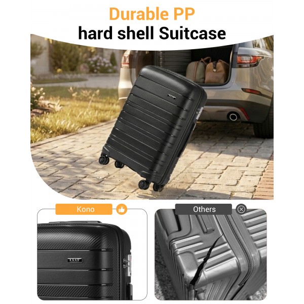 KSK2692 - Kono 24 Inch PP Hardshell Suitcase | YKK Zipper TSA Lock Medium Spinner Luggage - Black