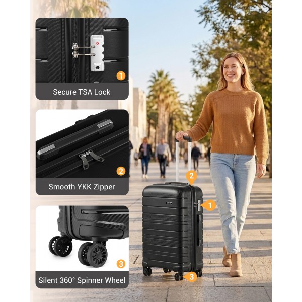 KSK2692 - Kono 24 Inch PP Hardshell Suitcase | YKK Zipper TSA Lock Medium Spinner Luggage - Black