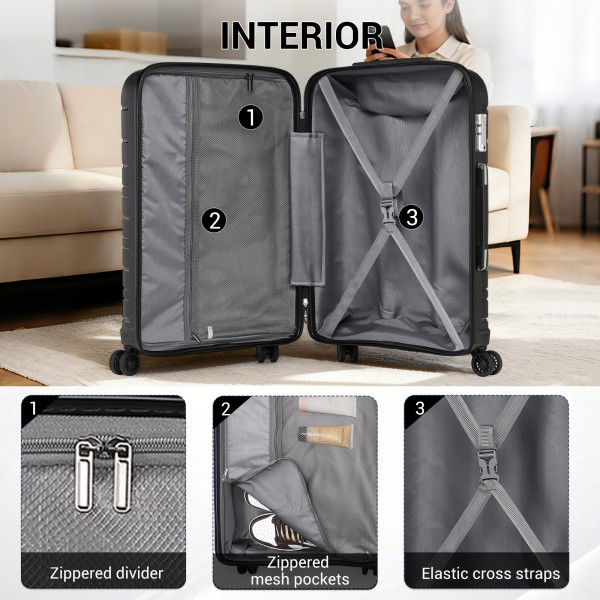 KSK2692 - Kono 24 Inch PP Hardshell Suitcase | YKK Zipper TSA Lock Medium Spinner Luggage - Black