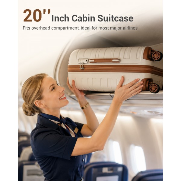 KSK2692 - Kono 20 Inch PP Hardshell Cabin Suitcase | YKK Zipper TSA Lock Carry On Luggage - Cream and Brown