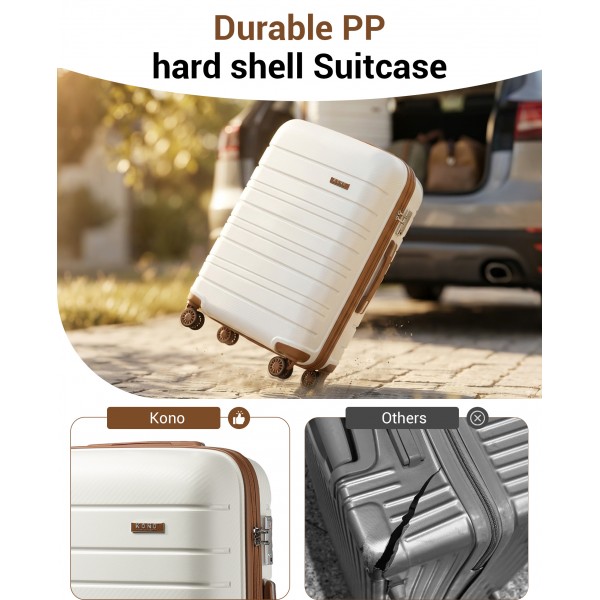KSK2692 - Kono 20 Inch PP Hardshell Cabin Suitcase | YKK Zipper TSA Lock Carry On Luggage - Cream and Brown