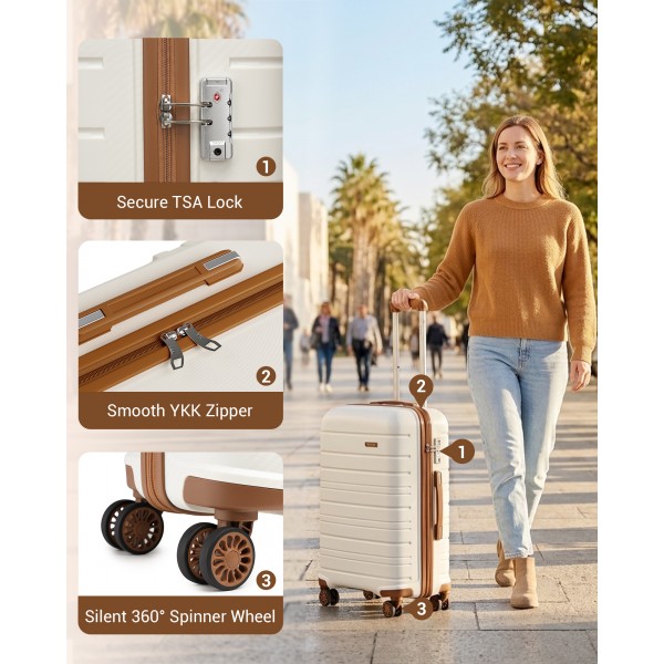KSK2692 - Kono 20 Inch PP Hardshell Cabin Suitcase | YKK Zipper TSA Lock Carry On Luggage - Cream and Brown